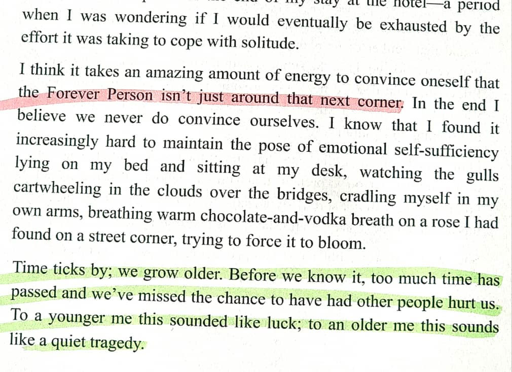 Time ticks by; we grow older. Before we know it, too much time has passed and we've missed the chance to have had other people hurt us. To a younger me this sounded like luck; to an older me this sounds like a quiet tragedy.